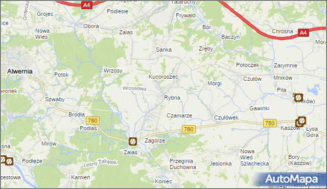 mapa Rybna gmina Czernichów, Rybna gmina Czernichów na mapie Targeo