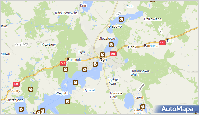 mapa Ryn powiat giżycki, Ryn powiat giżycki na mapie Targeo