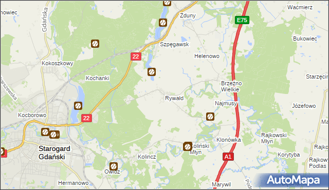mapa Rywałd gmina Starogard Gdański, Rywałd gmina Starogard Gdański na mapie Targeo