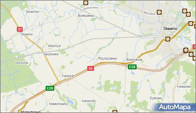 mapa Rzyszczewo gmina Sławno, Rzyszczewo gmina Sławno na mapie Targeo