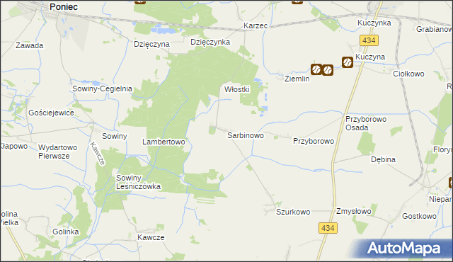 mapa Sarbinowo gmina Poniec, Sarbinowo gmina Poniec na mapie Targeo