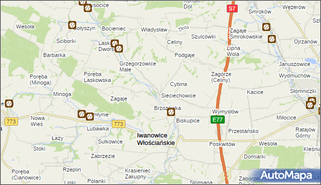 mapa Sieciechowice gmina Iwanowice, Sieciechowice gmina Iwanowice na mapie Targeo