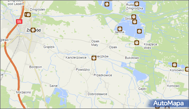 mapa Sieczków gmina Żmigród, Sieczków gmina Żmigród na mapie Targeo