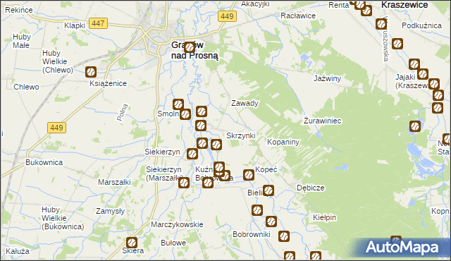 mapa Skrzynki gmina Grabów nad Prosną, Skrzynki gmina Grabów nad Prosną na mapie Targeo