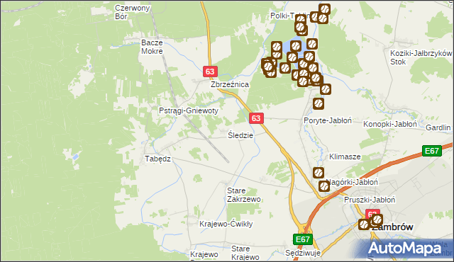 mapa Śledzie gmina Zambrów, Śledzie gmina Zambrów na mapie Targeo