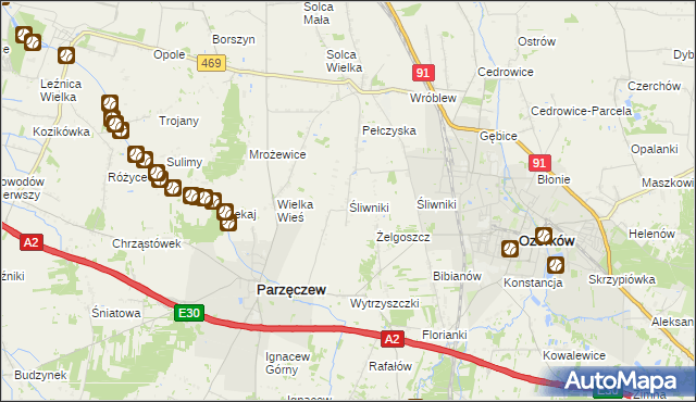 mapa Śliwniki gmina Parzęczew, Śliwniki gmina Parzęczew na mapie Targeo