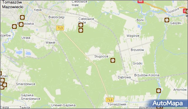 mapa Sługocice gmina Tomaszów Mazowiecki, Sługocice gmina Tomaszów Mazowiecki na mapie Targeo