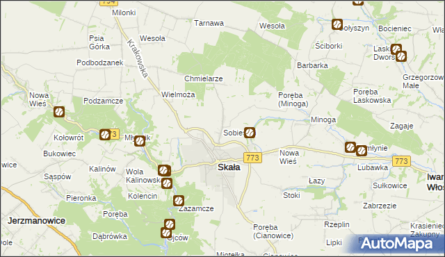 mapa Sobiesęki gmina Skała, Sobiesęki gmina Skała na mapie Targeo