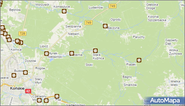 mapa Stara Kuźnica gmina Końskie, Stara Kuźnica gmina Końskie na mapie Targeo