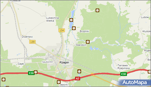 mapa Starościn gmina Rzepin, Starościn gmina Rzepin na mapie Targeo