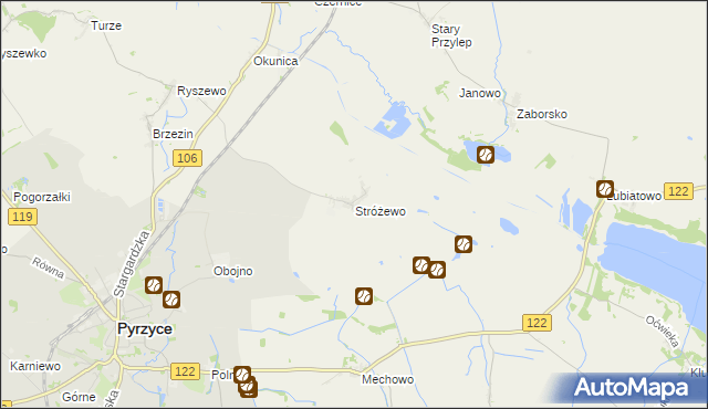 mapa Stróżewo gmina Pyrzyce, Stróżewo gmina Pyrzyce na mapie Targeo