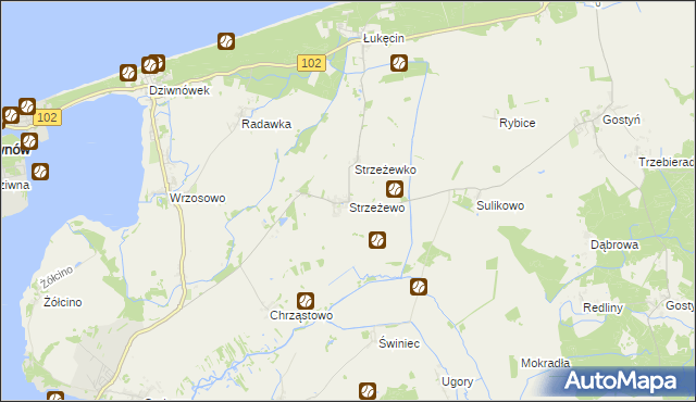 mapa Strzeżewo gmina Kamień Pomorski, Strzeżewo gmina Kamień Pomorski na mapie Targeo