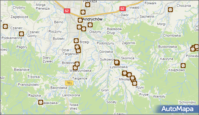 mapa Sułkowice gmina Andrychów, Sułkowice gmina Andrychów na mapie Targeo