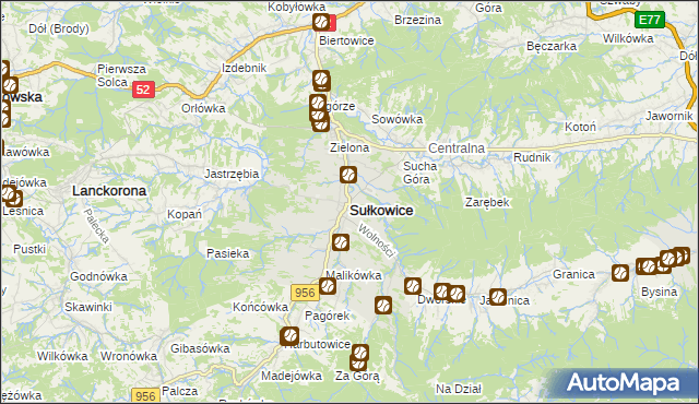 mapa Sułkowice powiat myślenicki, Sułkowice powiat myślenicki na mapie Targeo