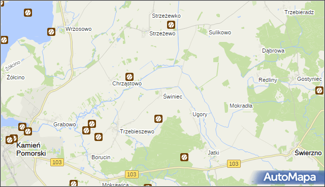 mapa Świniec gmina Kamień Pomorski, Świniec gmina Kamień Pomorski na mapie Targeo