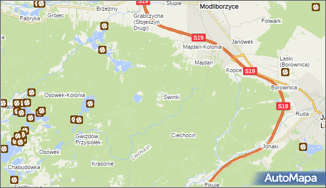 mapa Świnki gmina Modliborzyce, Świnki gmina Modliborzyce na mapie Targeo