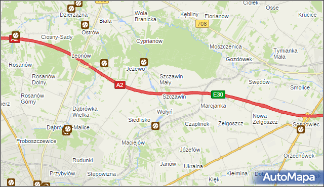 mapa Szczawin gmina Zgierz, Szczawin gmina Zgierz na mapie Targeo