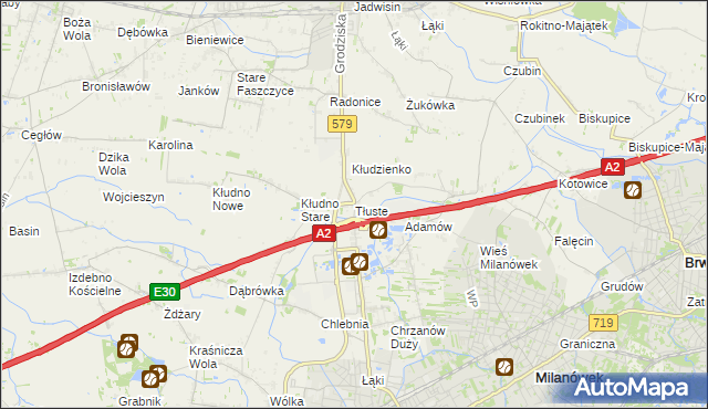 mapa Tłuste gmina Grodzisk Mazowiecki, Tłuste gmina Grodzisk Mazowiecki na mapie Targeo