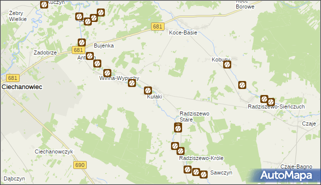 mapa Trzaski gmina Ciechanowiec, Trzaski gmina Ciechanowiec na mapie Targeo