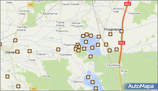 mapa Trzcieliny gmina Przygodzice, Trzcieliny gmina Przygodzice na mapie Targeo