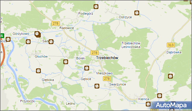 mapa Trzebiechów powiat zielonogórski, Trzebiechów powiat zielonogórski na mapie Targeo
