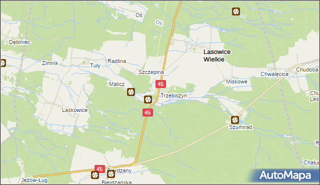 mapa Trzebiszyn gmina Lasowice Wielkie, Trzebiszyn gmina Lasowice Wielkie na mapie Targeo