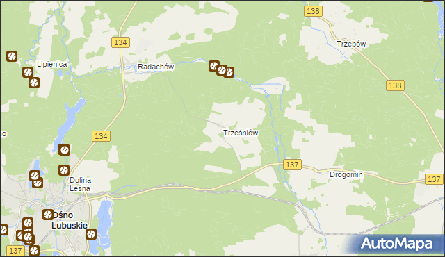 mapa Trześniów gmina Ośno Lubuskie, Trześniów gmina Ośno Lubuskie na mapie Targeo