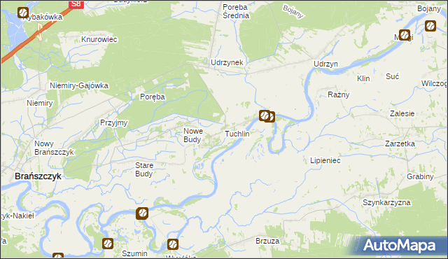 mapa Tuchlin gmina Brańszczyk, Tuchlin gmina Brańszczyk na mapie Targeo