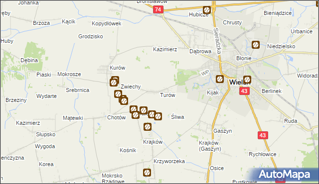 mapa Turów gmina Wieluń, Turów gmina Wieluń na mapie Targeo