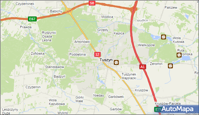 mapa Tuszyn powiat łódzki wschodni, Tuszyn powiat łódzki wschodni na mapie Targeo