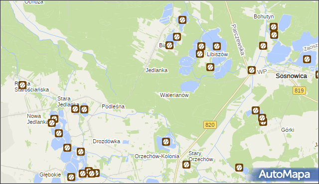 mapa Walerianów gmina Sosnowica, Walerianów gmina Sosnowica na mapie Targeo