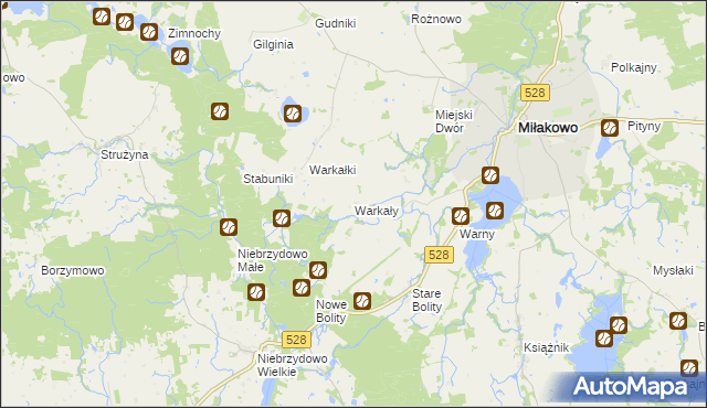 mapa Warkały gmina Miłakowo, Warkały gmina Miłakowo na mapie Targeo