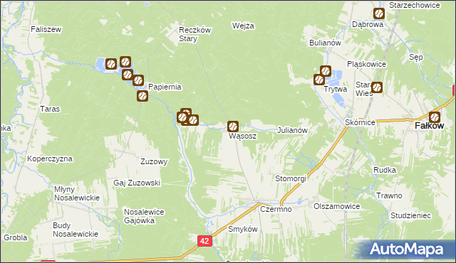 mapa Wąsosz gmina Fałków, Wąsosz gmina Fałków na mapie Targeo