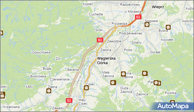 mapa Węgierska Górka, Węgierska Górka na mapie Targeo