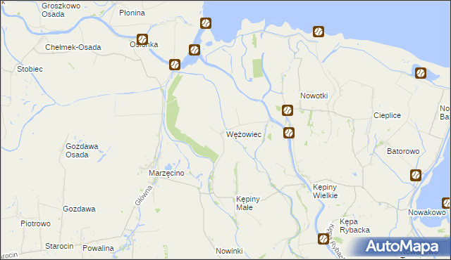 mapa Wężowiec gmina Nowy Dwór Gdański, Wężowiec gmina Nowy Dwór Gdański na mapie Targeo