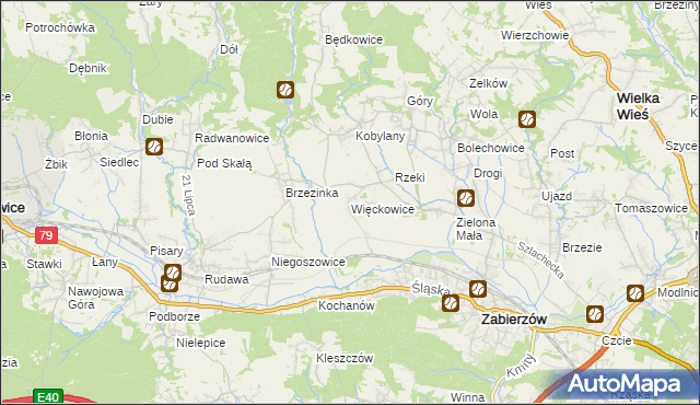 mapa Więckowice gmina Zabierzów, Więckowice gmina Zabierzów na mapie Targeo