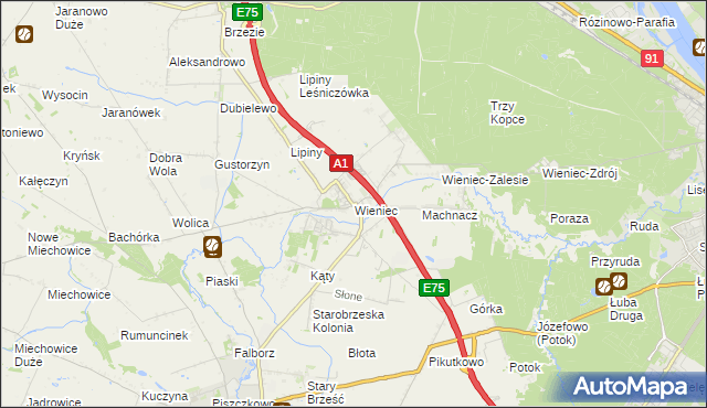 mapa Wieniec gmina Brześć Kujawski, Wieniec gmina Brześć Kujawski na mapie Targeo