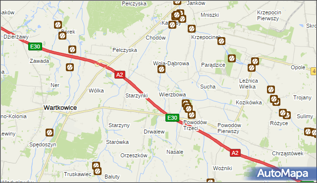 mapa Wierzbowa gmina Wartkowice, Wierzbowa gmina Wartkowice na mapie Targeo