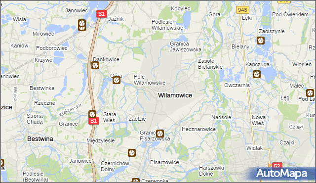 mapa Wilamowice powiat bielski, Wilamowice powiat bielski na mapie Targeo