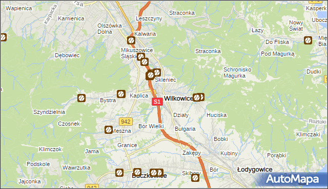 mapa Wilkowice powiat bielski, Wilkowice powiat bielski na mapie Targeo