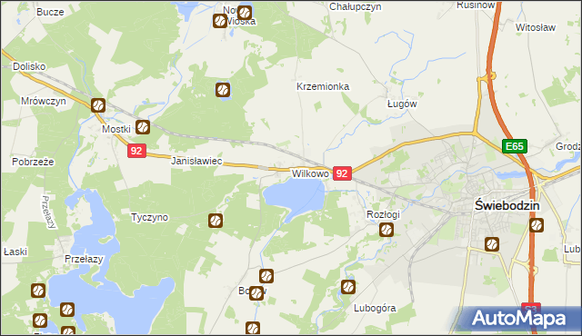 mapa Wilkowo gmina Świebodzin, Wilkowo gmina Świebodzin na mapie Targeo