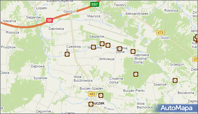 mapa Wilkowyja gmina Buczek, Wilkowyja gmina Buczek na mapie Targeo