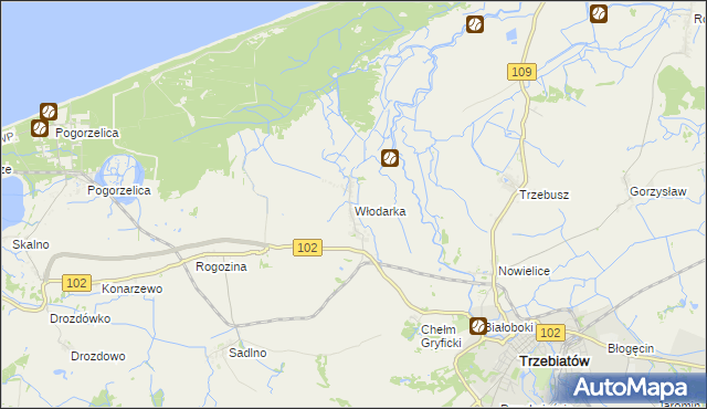 mapa Włodarka gmina Trzebiatów, Włodarka gmina Trzebiatów na mapie Targeo