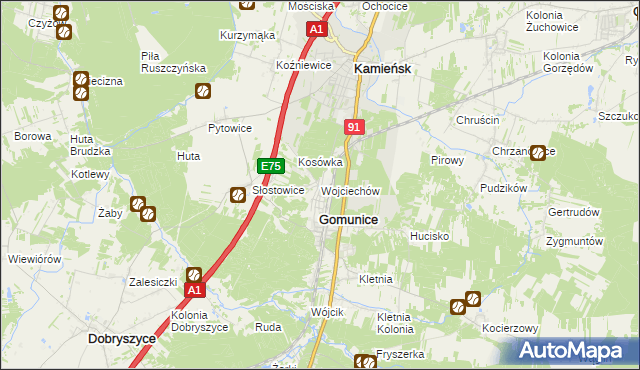 mapa Wojciechów gmina Gomunice, Wojciechów gmina Gomunice na mapie Targeo