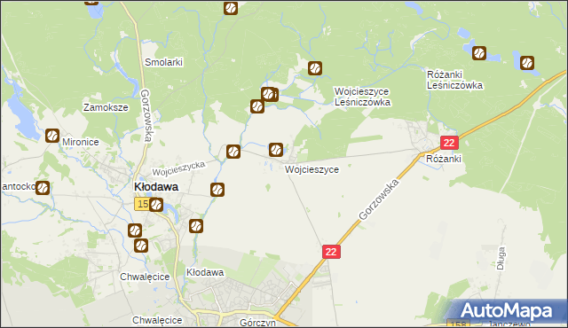 mapa Wojcieszyce gmina Kłodawa, Wojcieszyce gmina Kłodawa na mapie Targeo