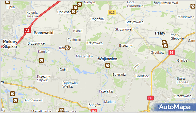 mapa Wojkowice powiat będziński, Wojkowice powiat będziński na mapie Targeo