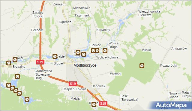 mapa Wolica-Kolonia gmina Modliborzyce, Wolica-Kolonia gmina Modliborzyce na mapie Targeo