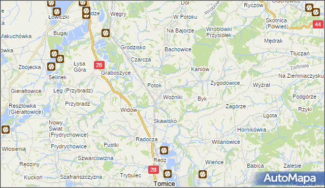 mapa Woźniki gmina Tomice, Woźniki gmina Tomice na mapie Targeo