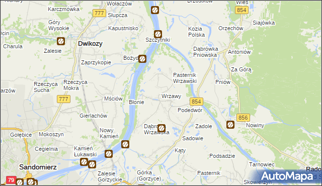 mapa Wrzawy gmina Gorzyce, Wrzawy gmina Gorzyce na mapie Targeo