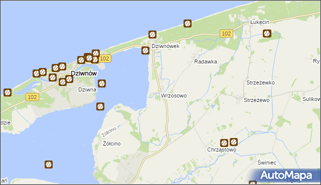 mapa Wrzosowo gmina Kamień Pomorski, Wrzosowo gmina Kamień Pomorski na mapie Targeo